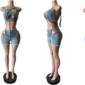 Sexy 2 Piece Denim Outfit Women Size L - Stretchy Crop Top & High Waisted Shorts